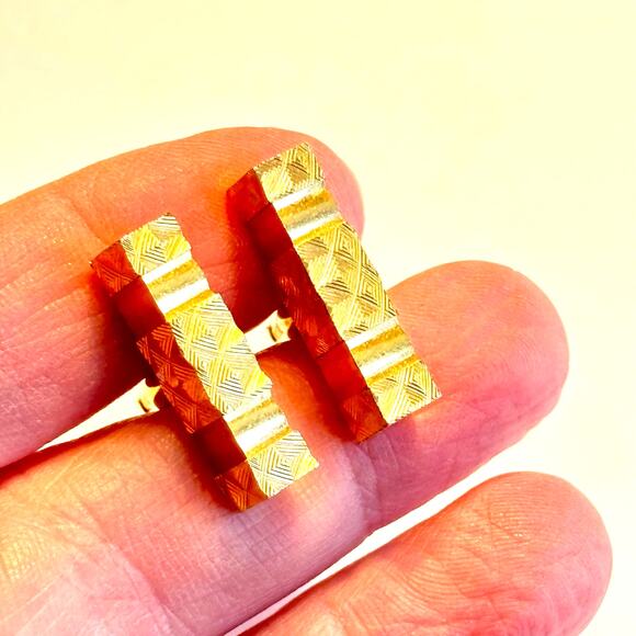 Gold cufflinks mod brutalist mid century textured rectangle bars vintage signed - Picture 6 of 7
